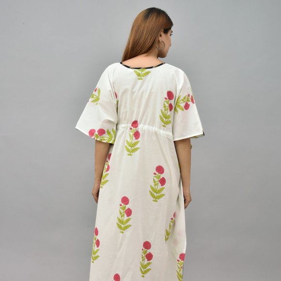 Hand Block Printed Cotton Kaftan Plus Size Tunic Floral Long Caftan - Picture 3 of 6